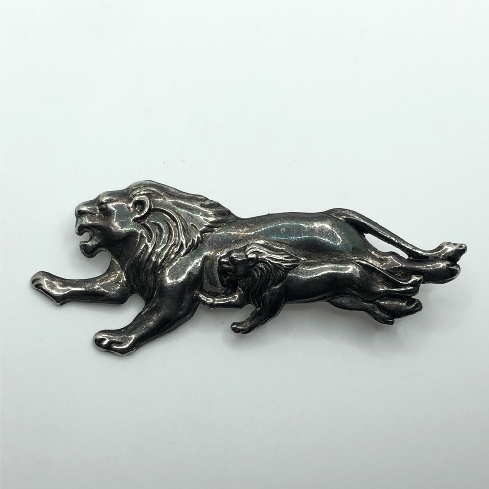 Vtg Silver Tone Running Lions Feline Cats Brooch 3.4” Unmarked